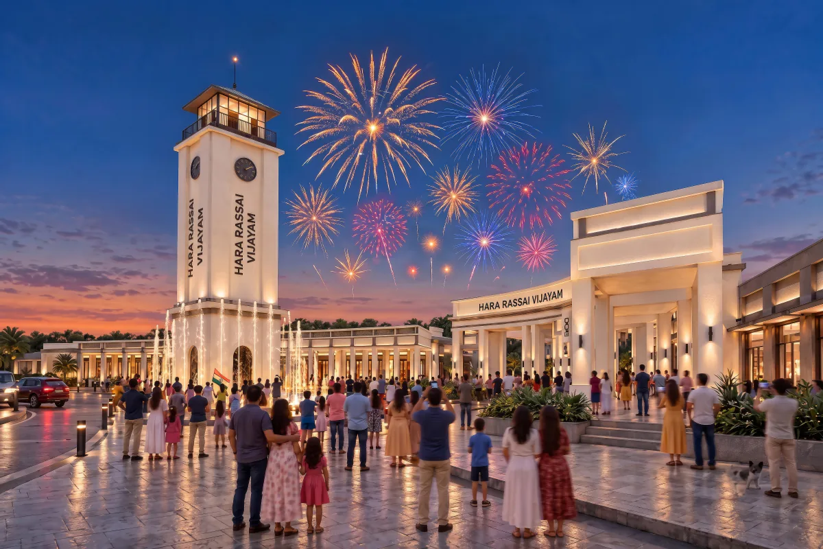 Hara Rassai Vijayam Town Center with clock tower and fireworks